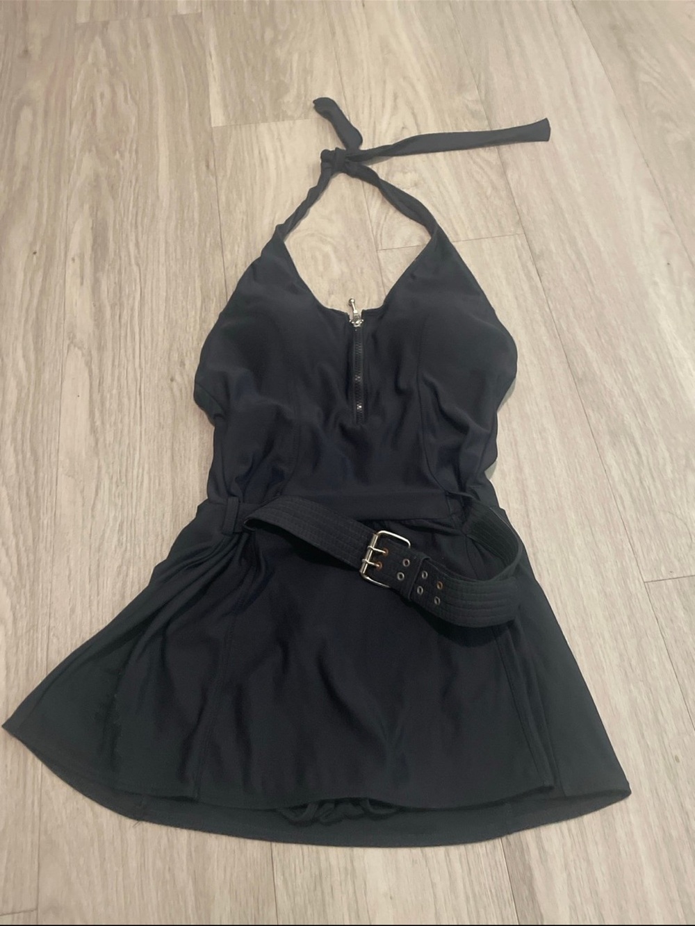 Newport News Black Halter Belted One-Piece Swimdress